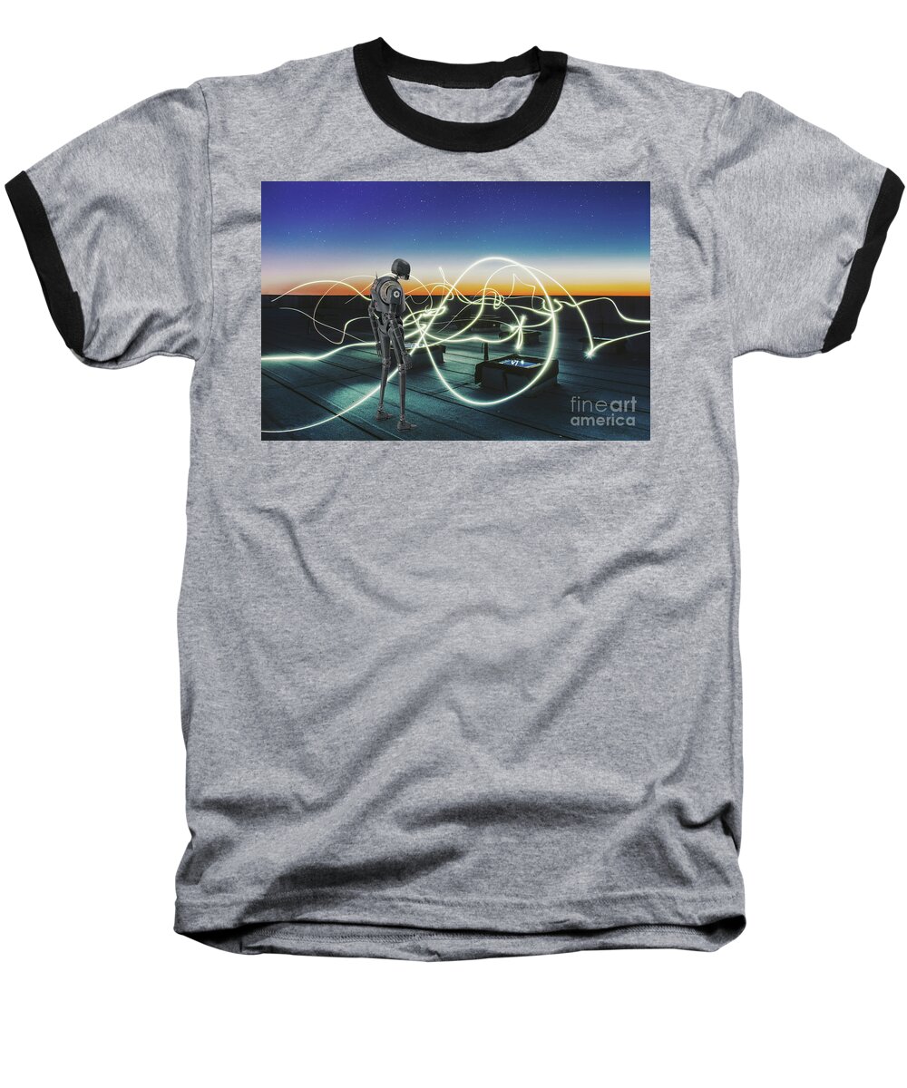 Lonely Baseball T-Shirt featuring the digital art Lonely Robot Electrified by Edward Fielding