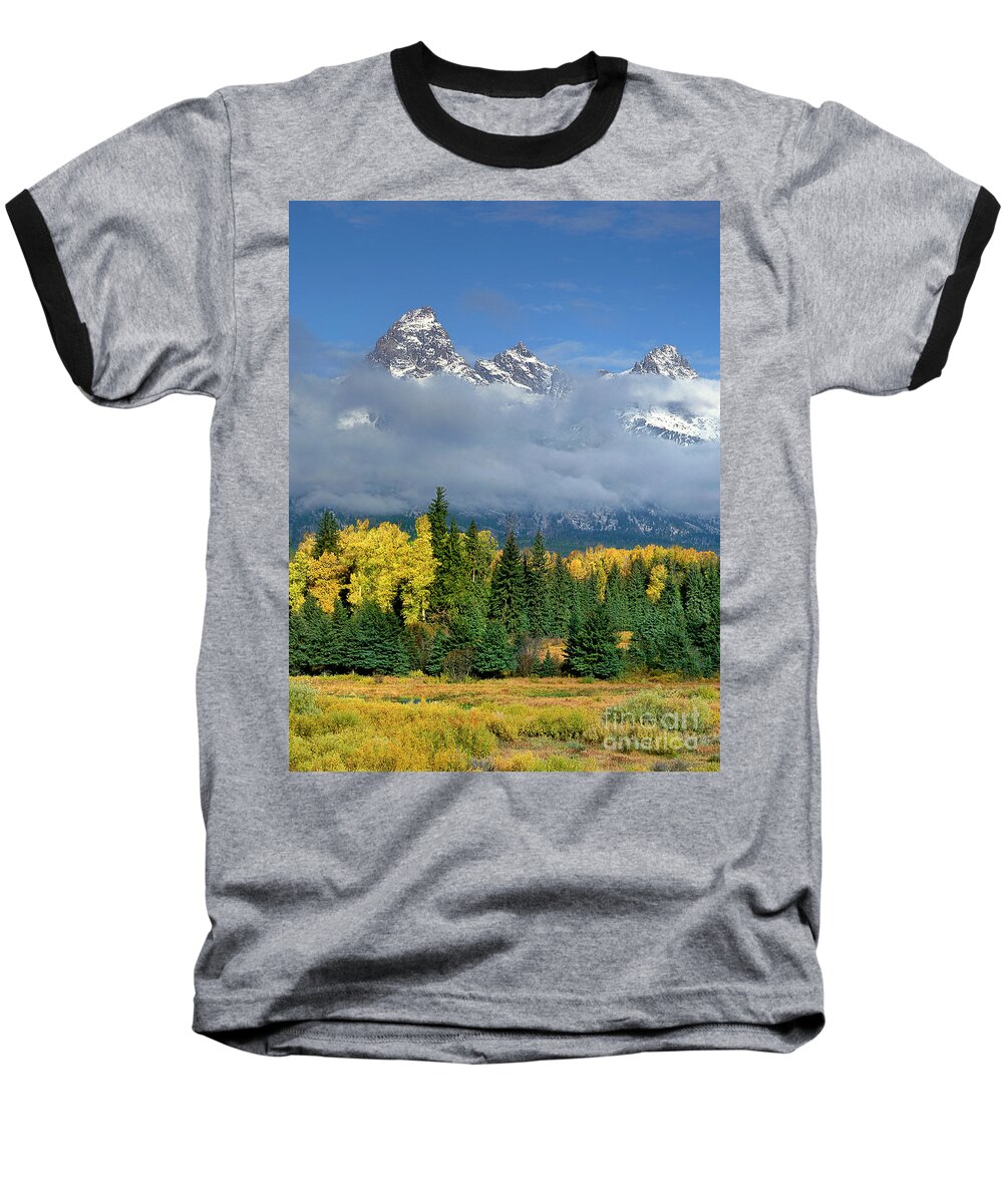 Dave Welling Baseball T-Shirt featuring the photograph Low Clouds Fall Color Aspens Blacktail Ponds Grand Tetons National Park Wyoming by Dave Welling