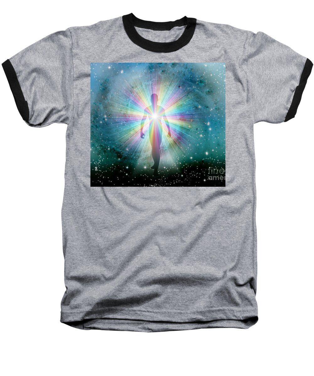 Space Baseball T-Shirt featuring the digital art Man in rainbow light and stars by Bruce Rolff