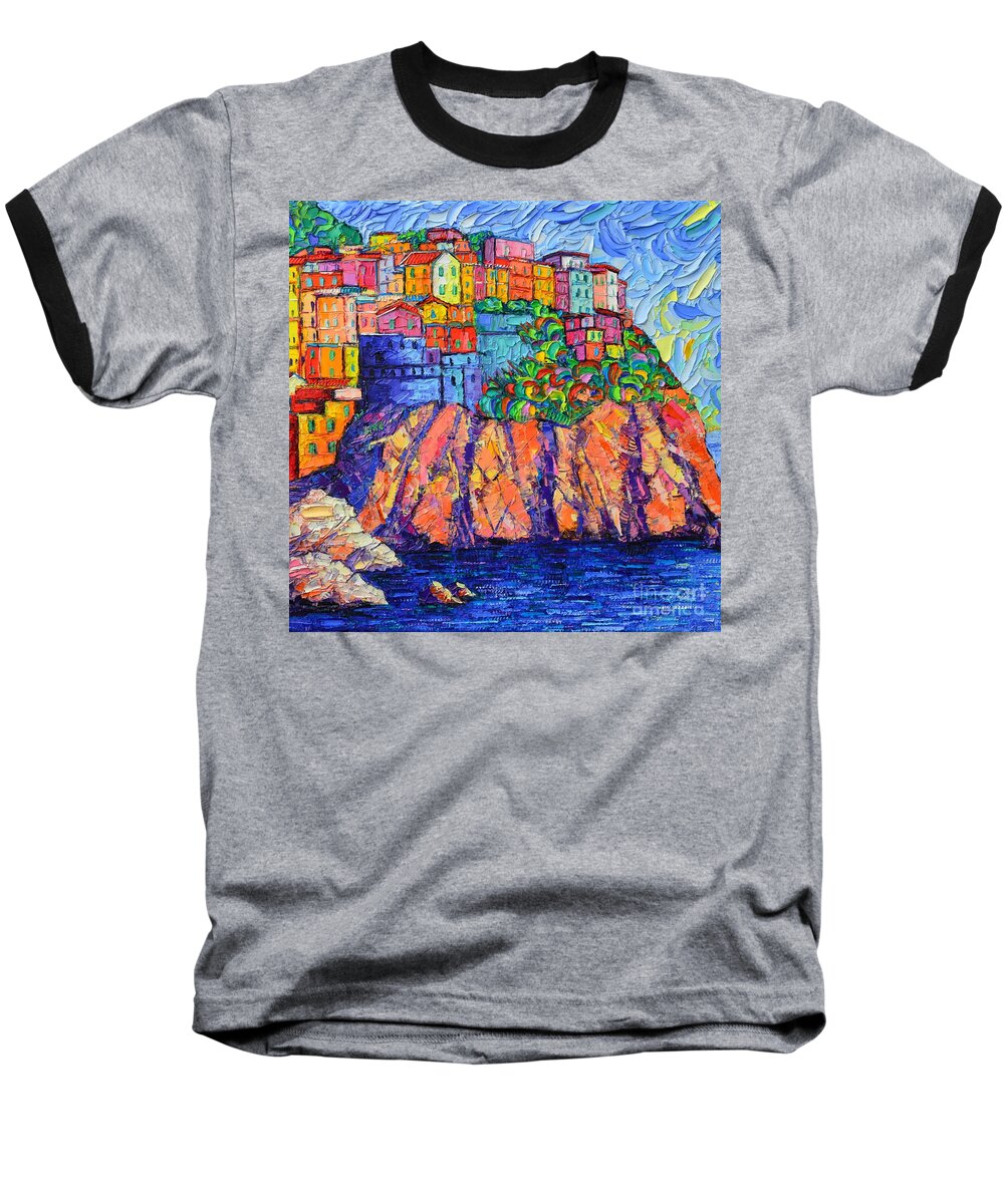 Manarola Baseball T-Shirt featuring the painting Manarola Cinque Terre Italy Detail by Ana Maria Edulescu