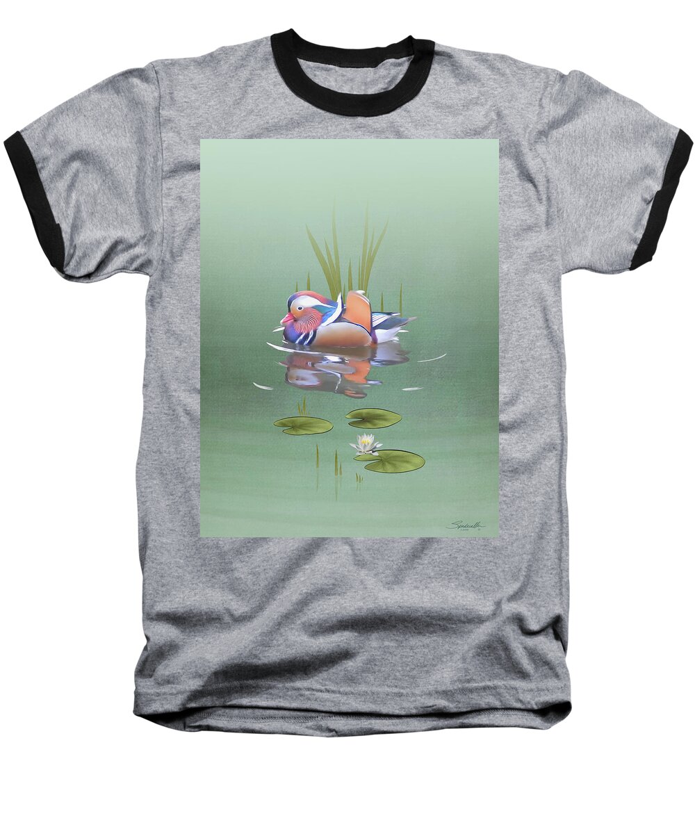Bird Baseball T-Shirt featuring the digital art Mandarin Duck and Lotus Flower by M Spadecaller