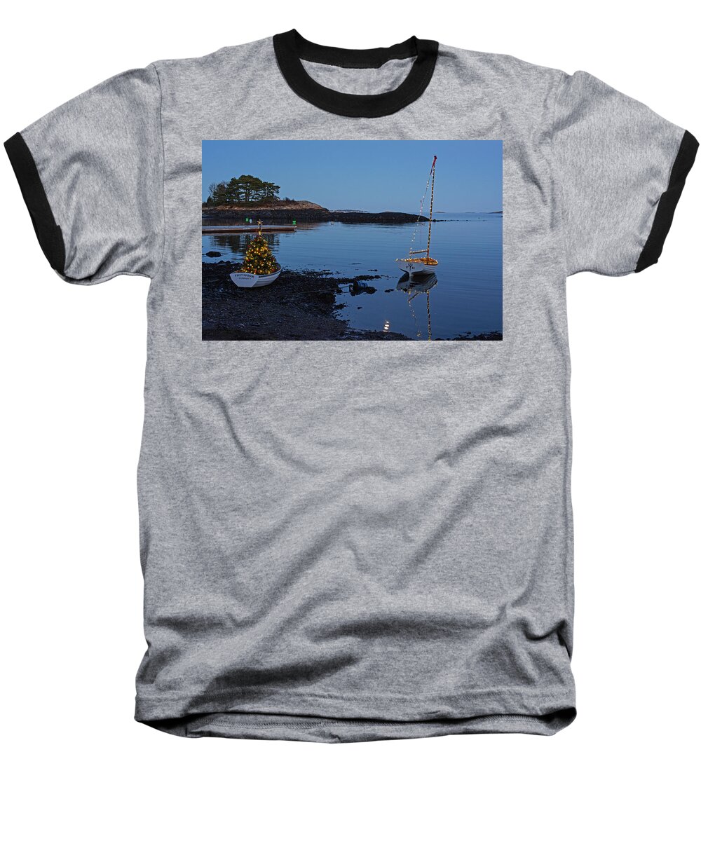 Marblehead Baseball T-Shirt featuring the photograph Marblehead MA First Harbor Christmas Tree Row Boat Reflection by Toby McGuire