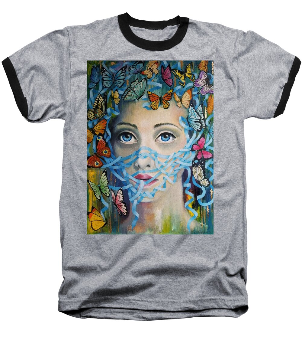 Mask Butterflies Blues Face Baseball T-Shirt featuring the painting Mask by Caroline Philp