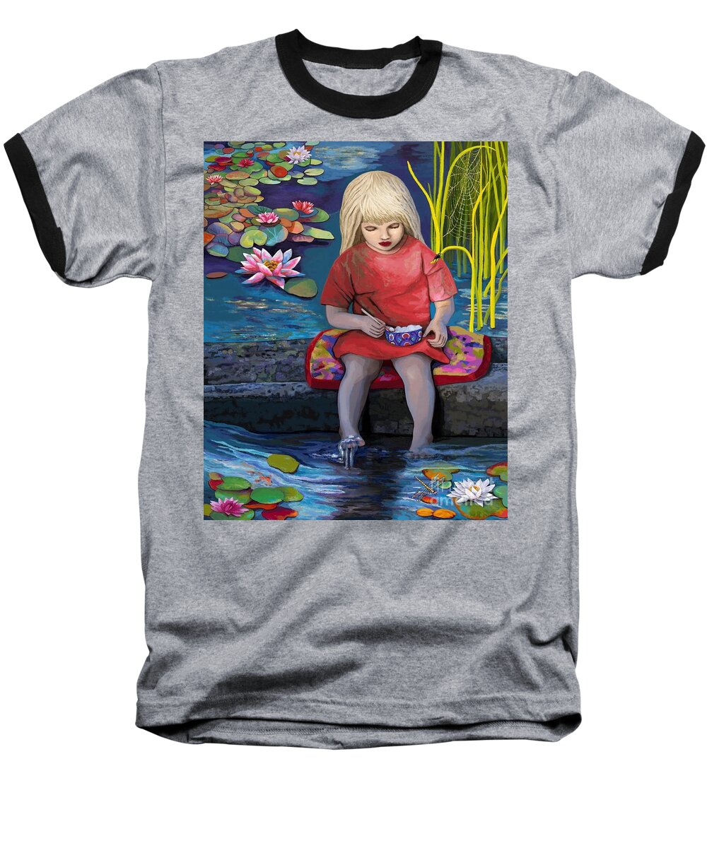 Books Baseball T-Shirt featuring the painting Miss Muffet Dreams by Jackie Case