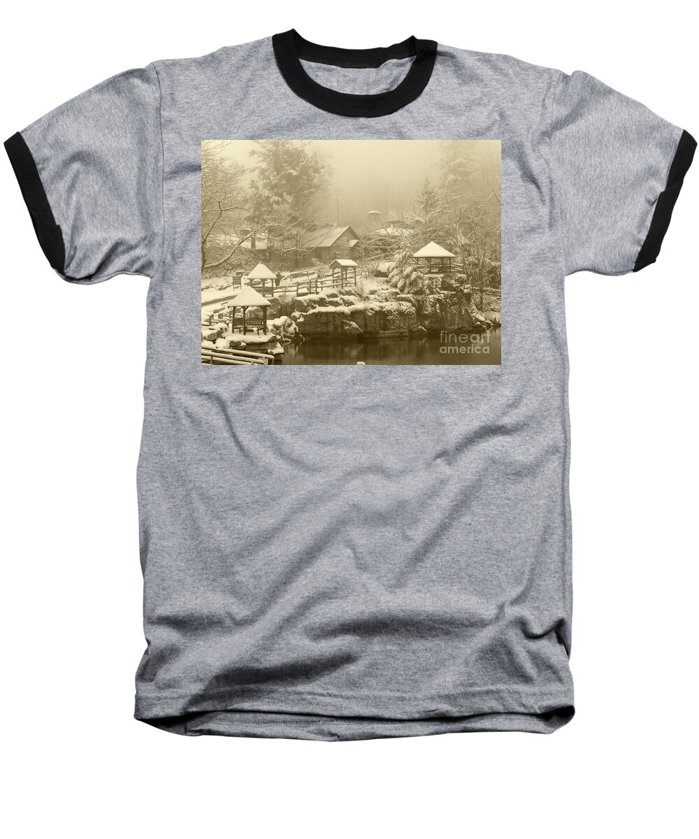 Mohonk Baseball T-Shirt featuring the photograph Mohonk Mountain House On a Snowy Day by Maxine Kamin