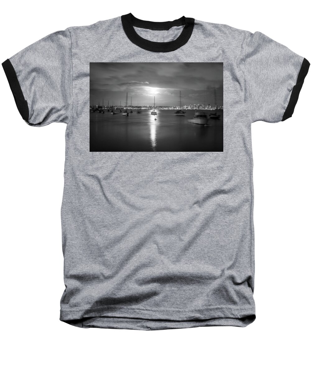 San Diego Baseball T-Shirt featuring the photograph Monochrome Moonbeam San Diego Harbor by Joseph S Giacalone