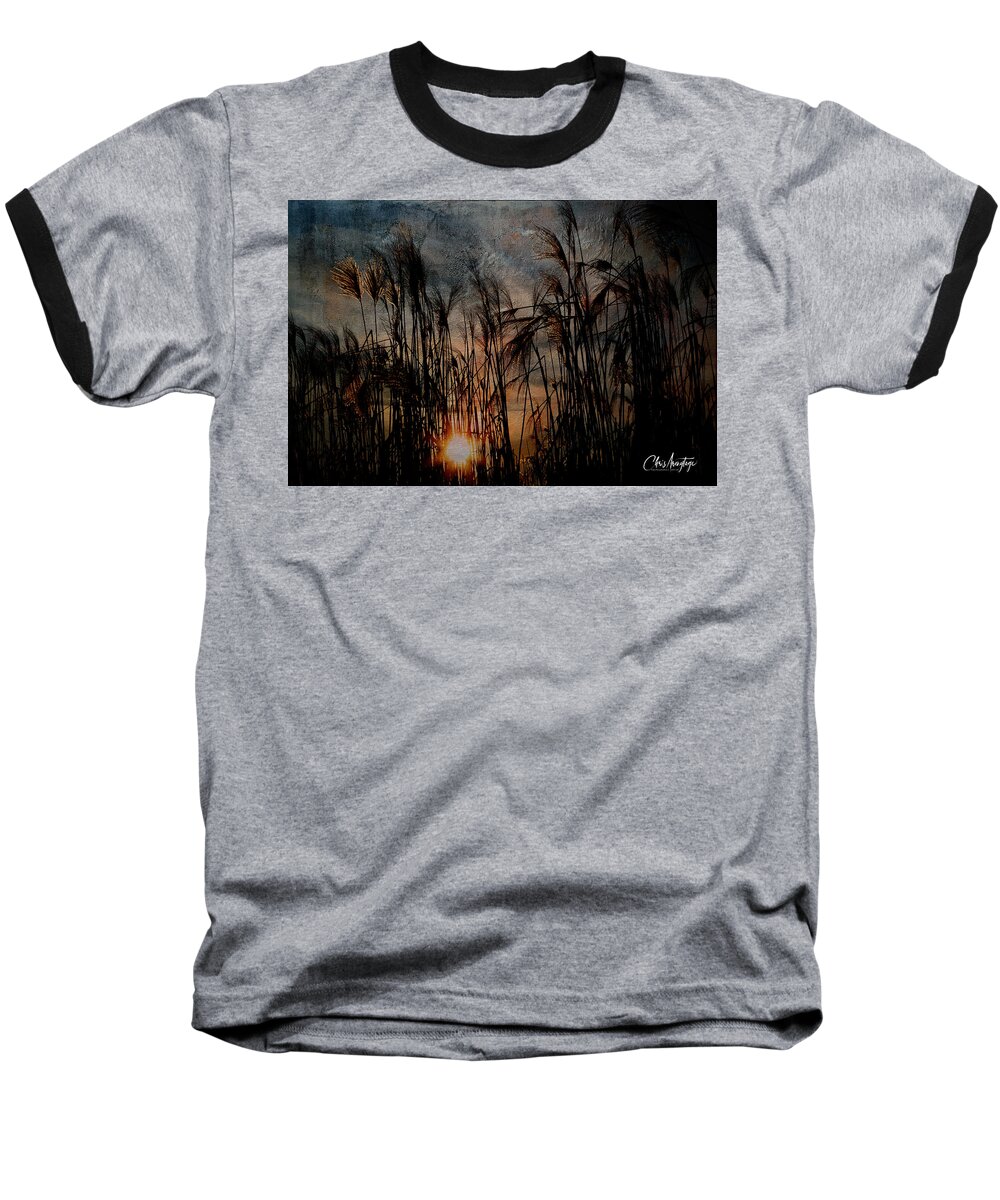 Dark Silhouetted Reeds Baseball T-Shirt featuring the digital art Moody Sunset on the Lake by Chris Armytage