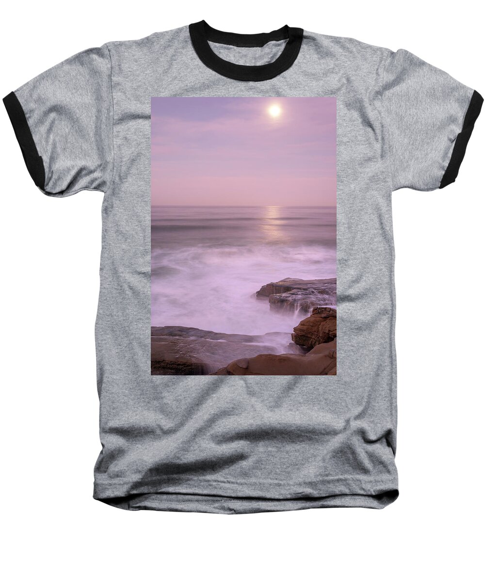 La Jolla Baseball T-Shirt featuring the photograph Moonlight Over The Soft Sea by Joseph S Giacalone