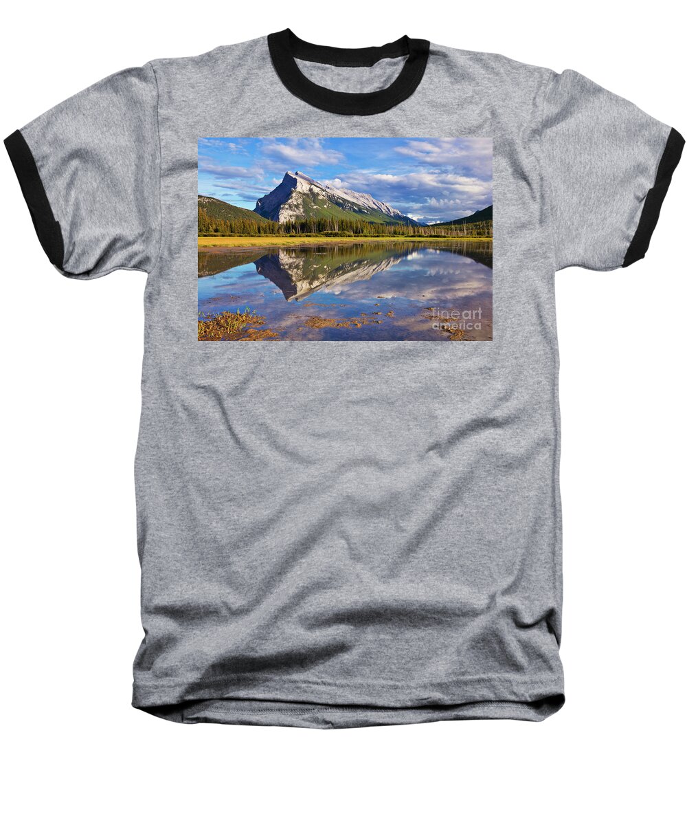 Mount Rundle Baseball T-Shirt featuring the photograph Mount Rundle reflected in Vermillion Lakes, Canadian Rockies by Neale And Judith Clark