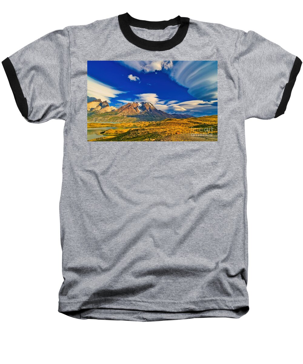 Lenticular Cloud Baseball T-Shirt featuring the photograph Mountains and Clouds in Patagonia by Bruce Block