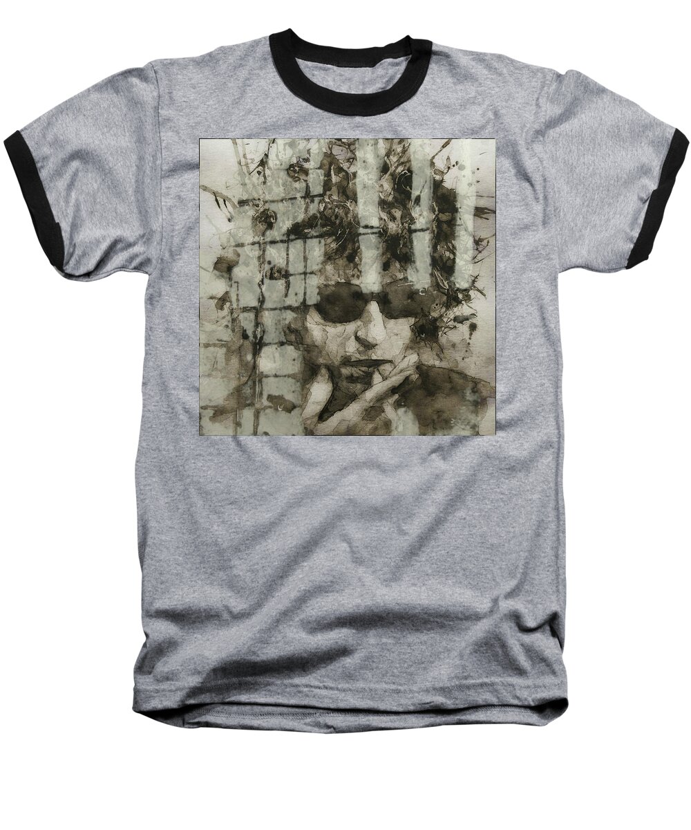 Bob Dylan Baseball T-Shirt featuring the painting Murder Most Foul - Bob Dylan by Paul Lovering