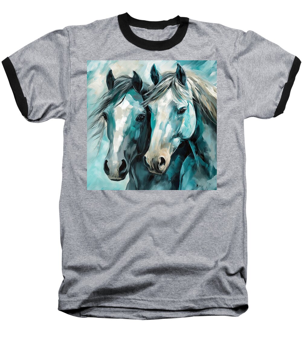 Blue And White Abstract Baseball T-Shirt featuring the painting Mutual Companions- Fine Art Horse Art by Lourry Legarde