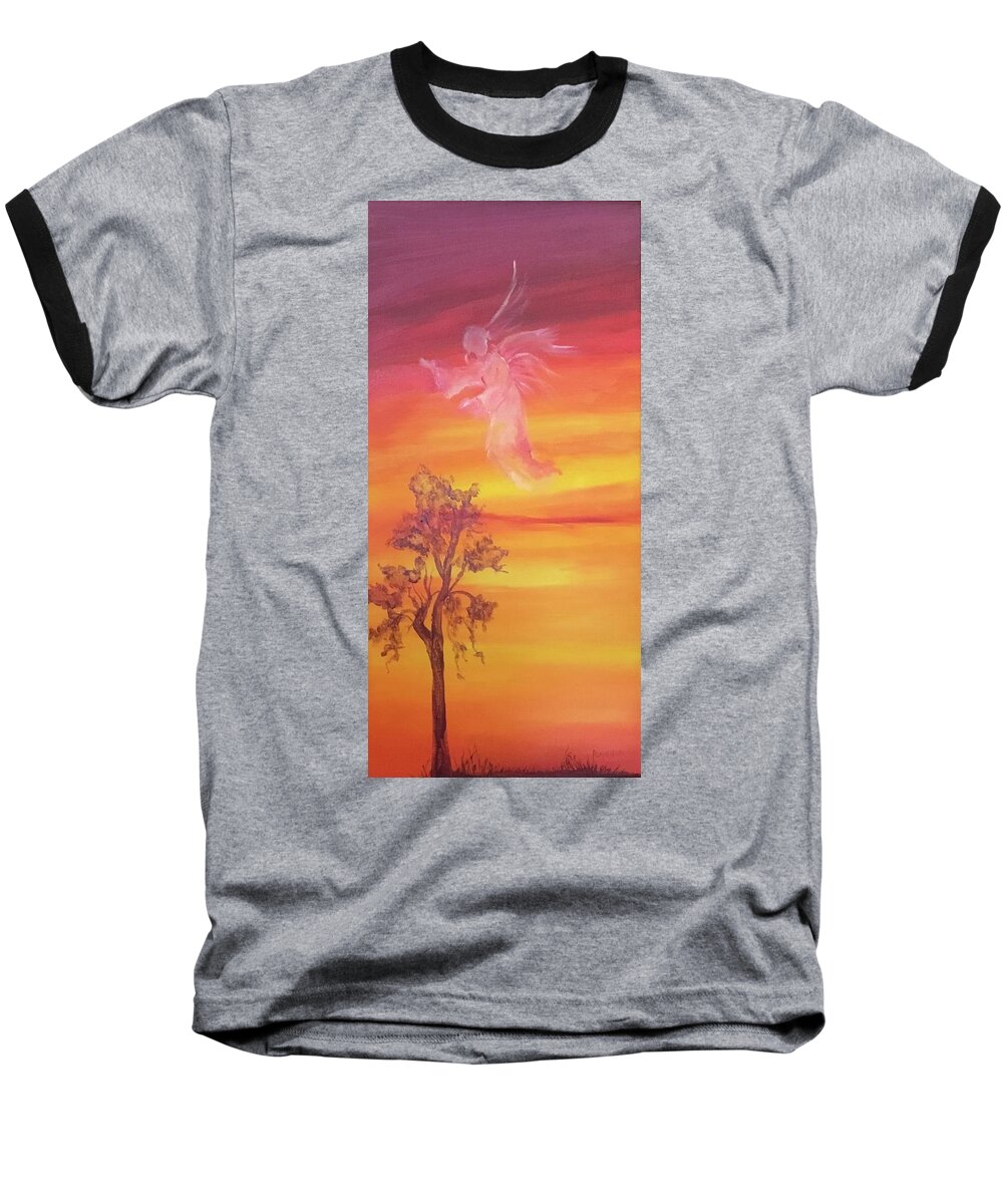 Angel Baseball T-Shirt featuring the painting My Guardian Angel at sunset by Ellen Canfield