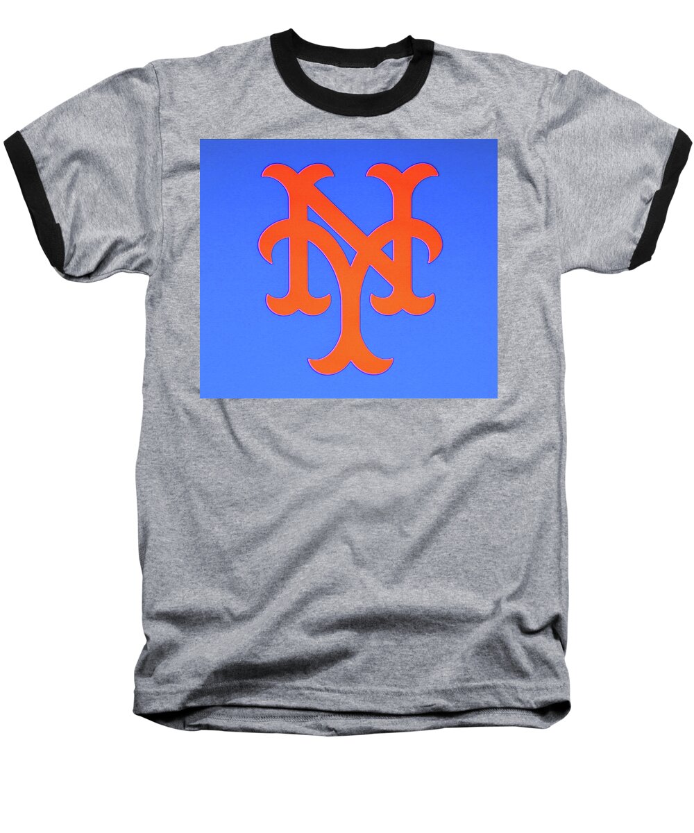 Citifield Baseball T-Shirt featuring the photograph N Y Mets Logo - Orange on Blue by Allen Beatty