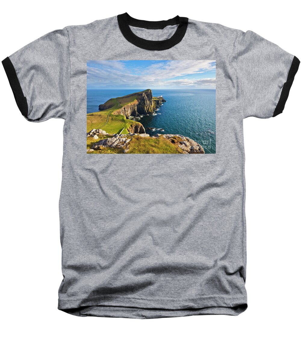 Neist Point Baseball T-Shirt featuring the photograph Neist Point and Lighthouse, Isle of Skye, Scotland by Neale And Judith Clark