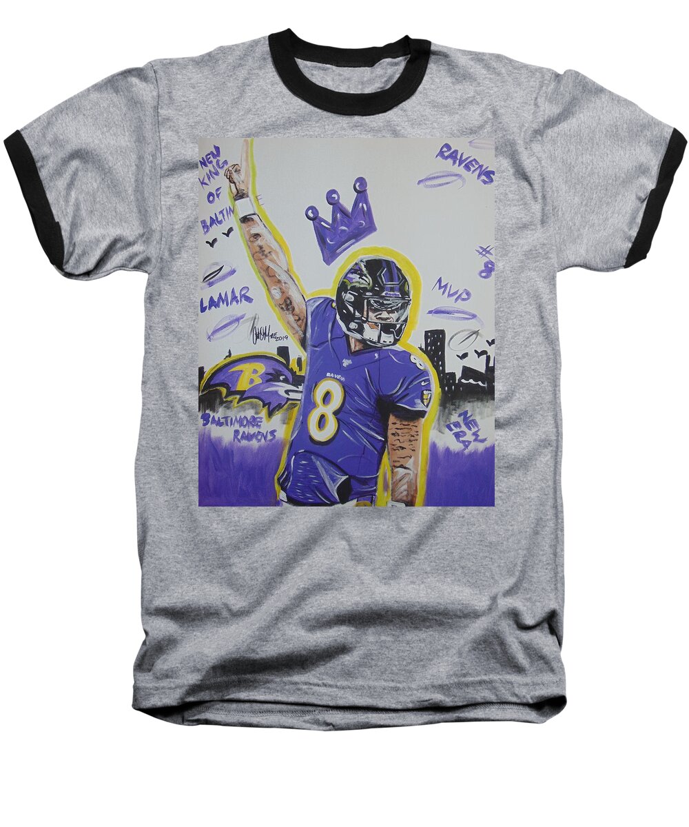 Lamar Jackson Baseball T-Shirt featuring the painting New King of Baltimore by Antonio Moore