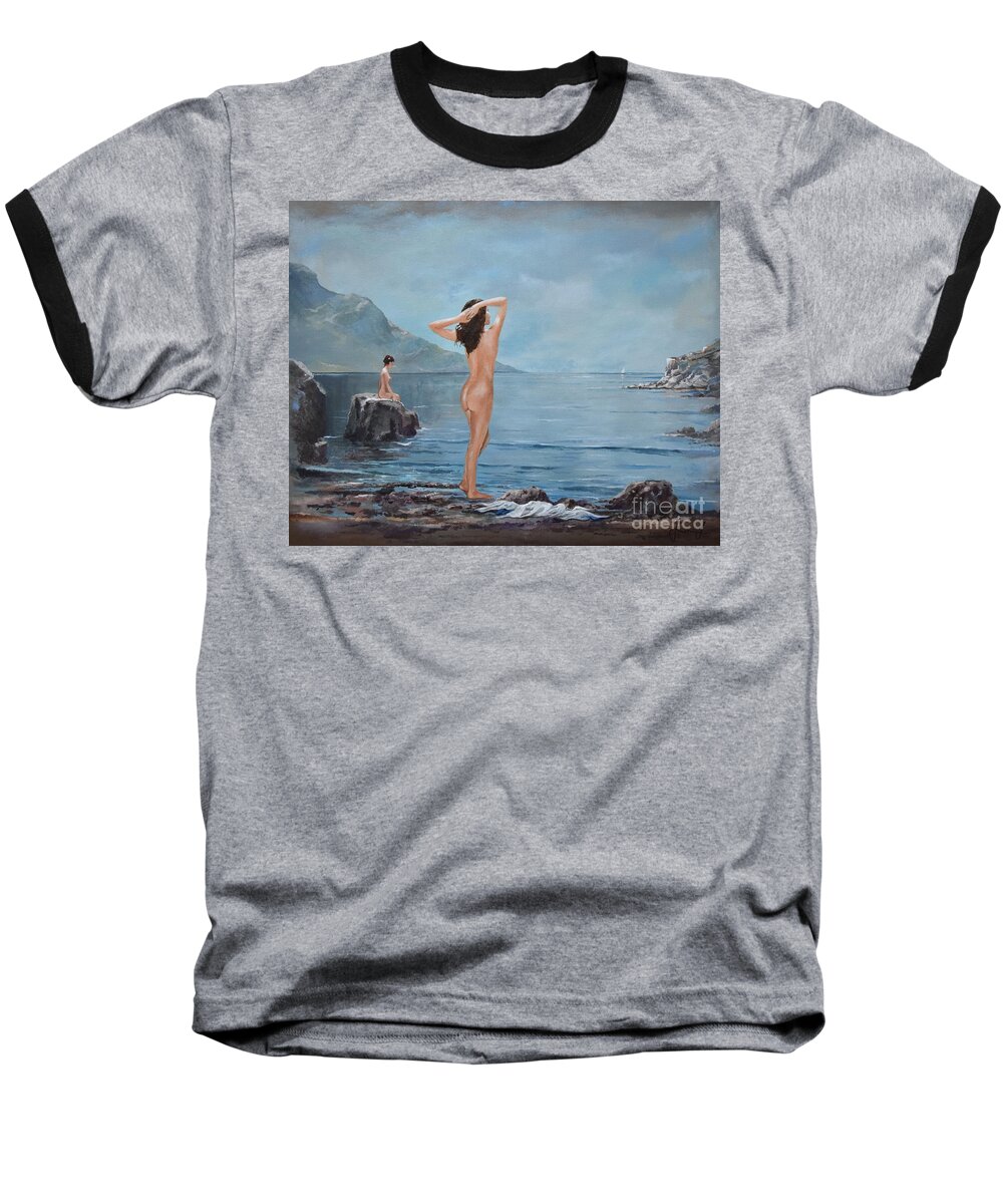 Female Figures Baseball T-Shirt featuring the painting Nymphs by Sinisa Saratlic