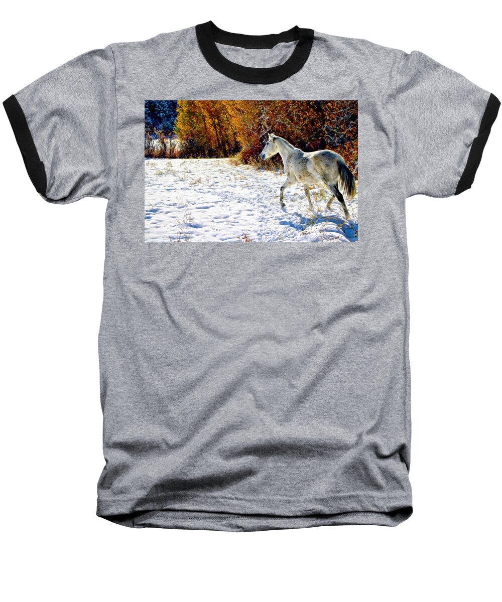 Horse Baseball T-Shirt featuring the mixed media October Snow Trot by Anastasia Savage Ealy