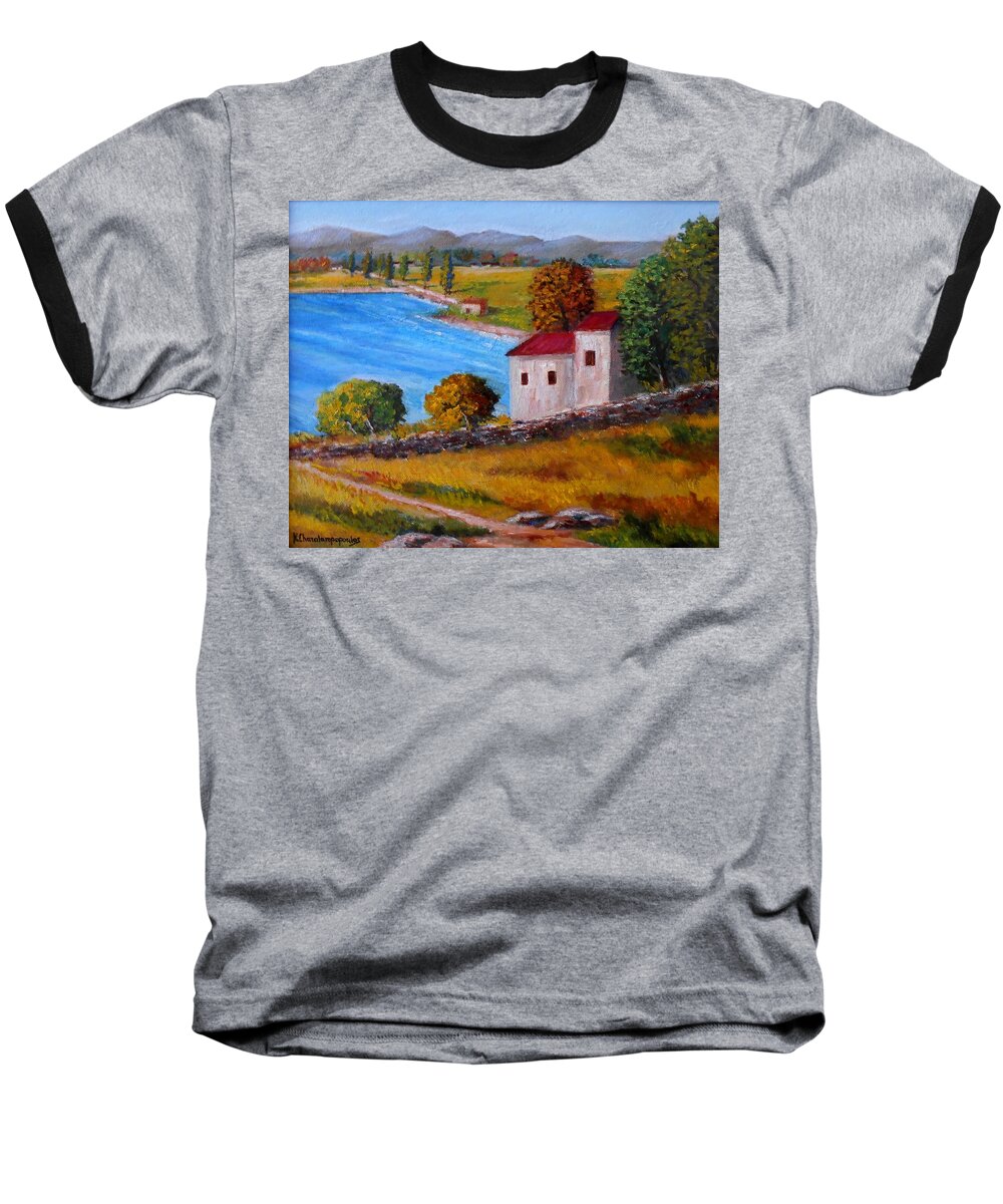 Landscapes Originals Acrylic Prints Canvas Prints Framed Prints Art Prints Houses Mani-greece Peloponiss� Greece Impressionism Greeting Cards Trees Autumn Country Paintings Baseball T-Shirt featuring the painting Old house in Mani-Greece by Konstantinos Charalampopoulos