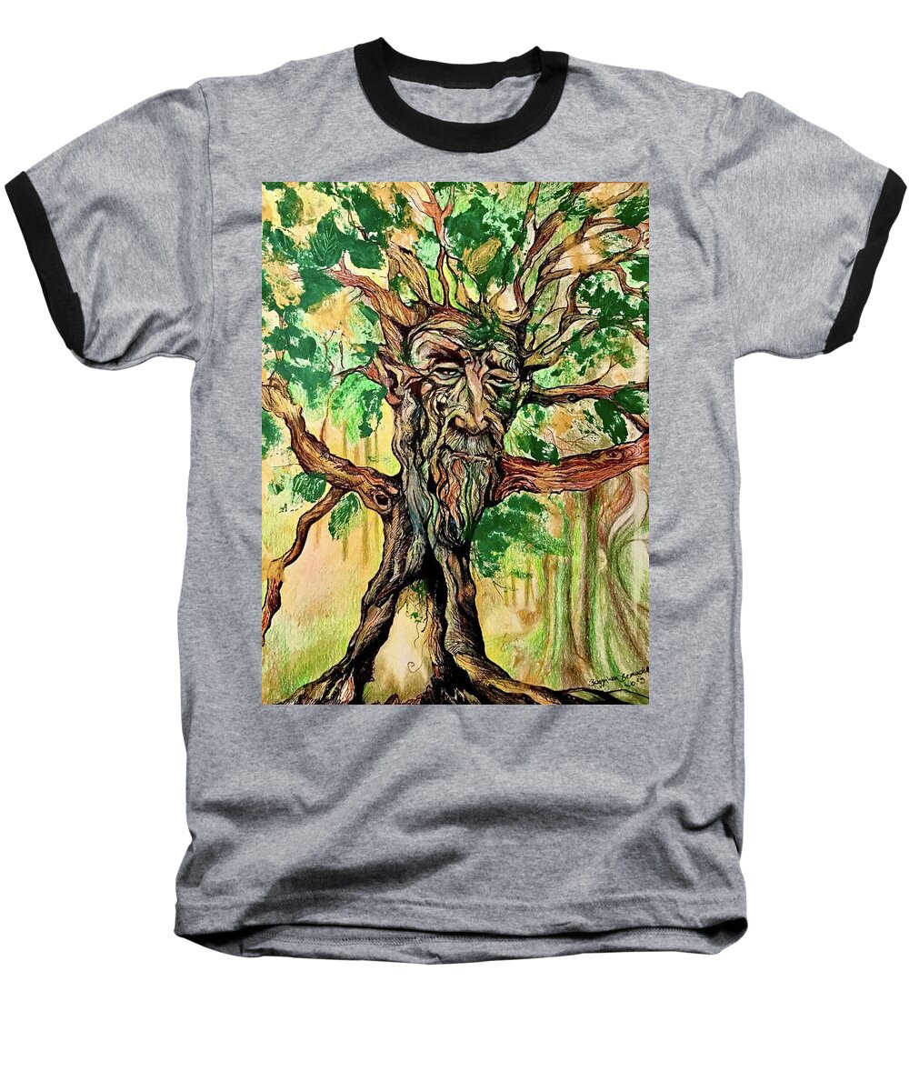 Oak Fairy Baseball T-Shirt featuring the drawing Old oak by Bernadett Bagyinka