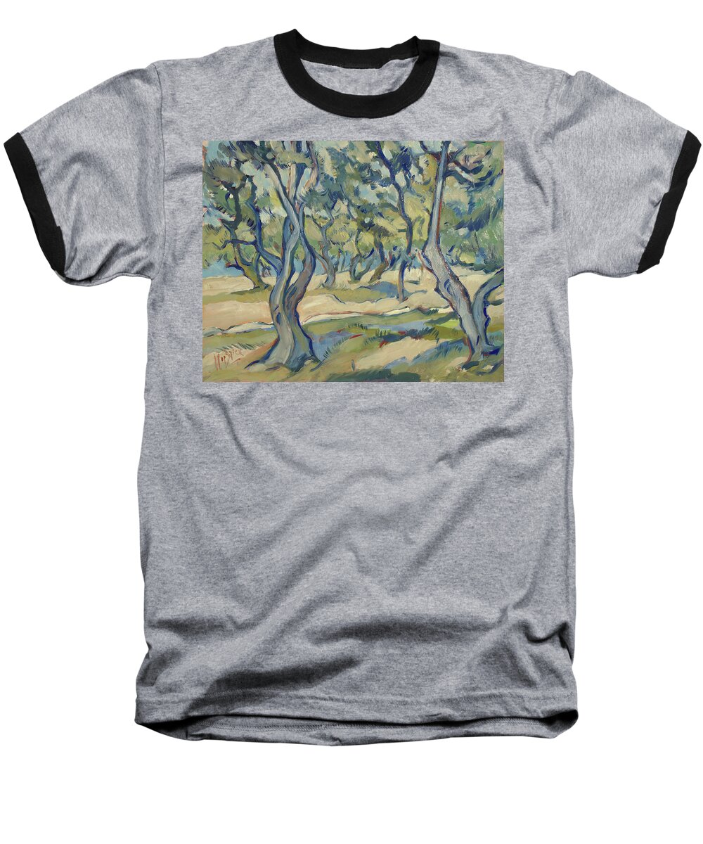 Olive Baseball T-Shirt featuring the painting Olive yard Paxos Greece by Nop Briex