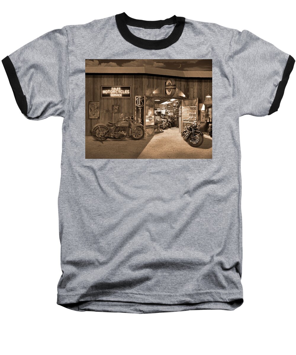 Motorcycle Baseball T-Shirt featuring the photograph Outside The Old Motorcycle Shop - Spia by Mike McGlothlen