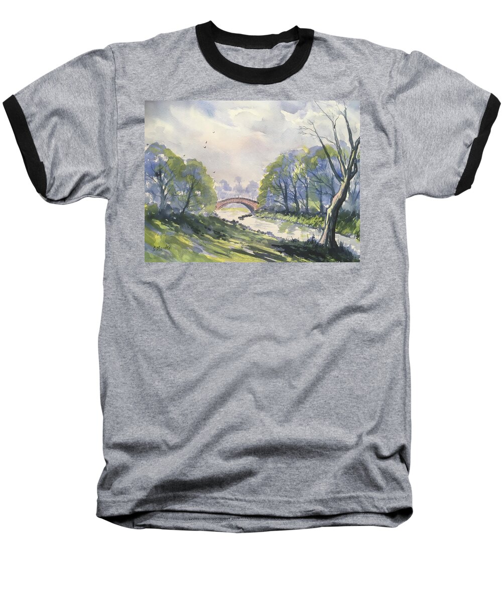 Watercolour Baseball T-Shirt featuring the painting Packhorse Bridge at Stainforth after Rain    by Glenn Marshall