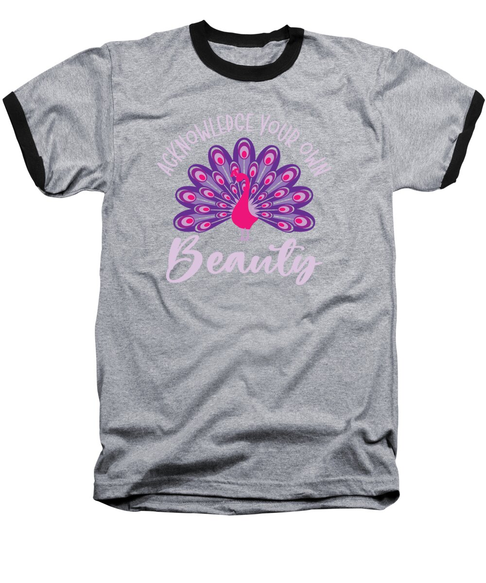 Peacock Baseball T-Shirt featuring the digital art Peacock Inspirational Beauty Bird Owner Positivity by Toms Tee Store