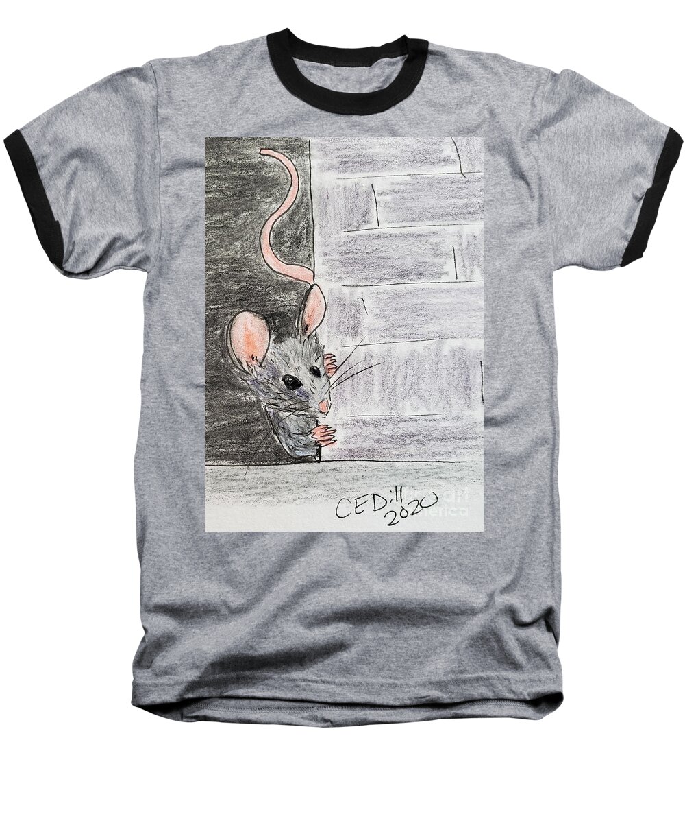 Mouse Baseball T-Shirt featuring the painting Peeking Mouse by C E Dill