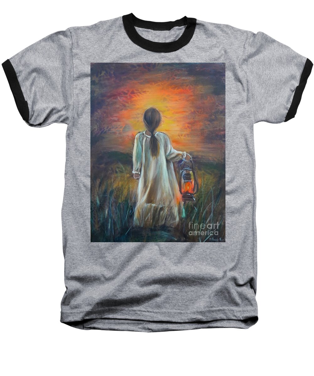Girl With Lantern Baseball T-Shirt featuring the mixed media Pioneer by Deborah Nell
