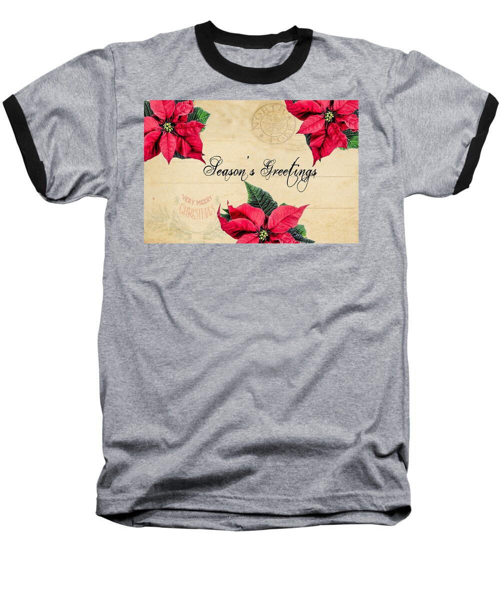 Seasons Greetings Baseball T-Shirt featuring the mixed media Poinsettia Post Card by Alison Frank
