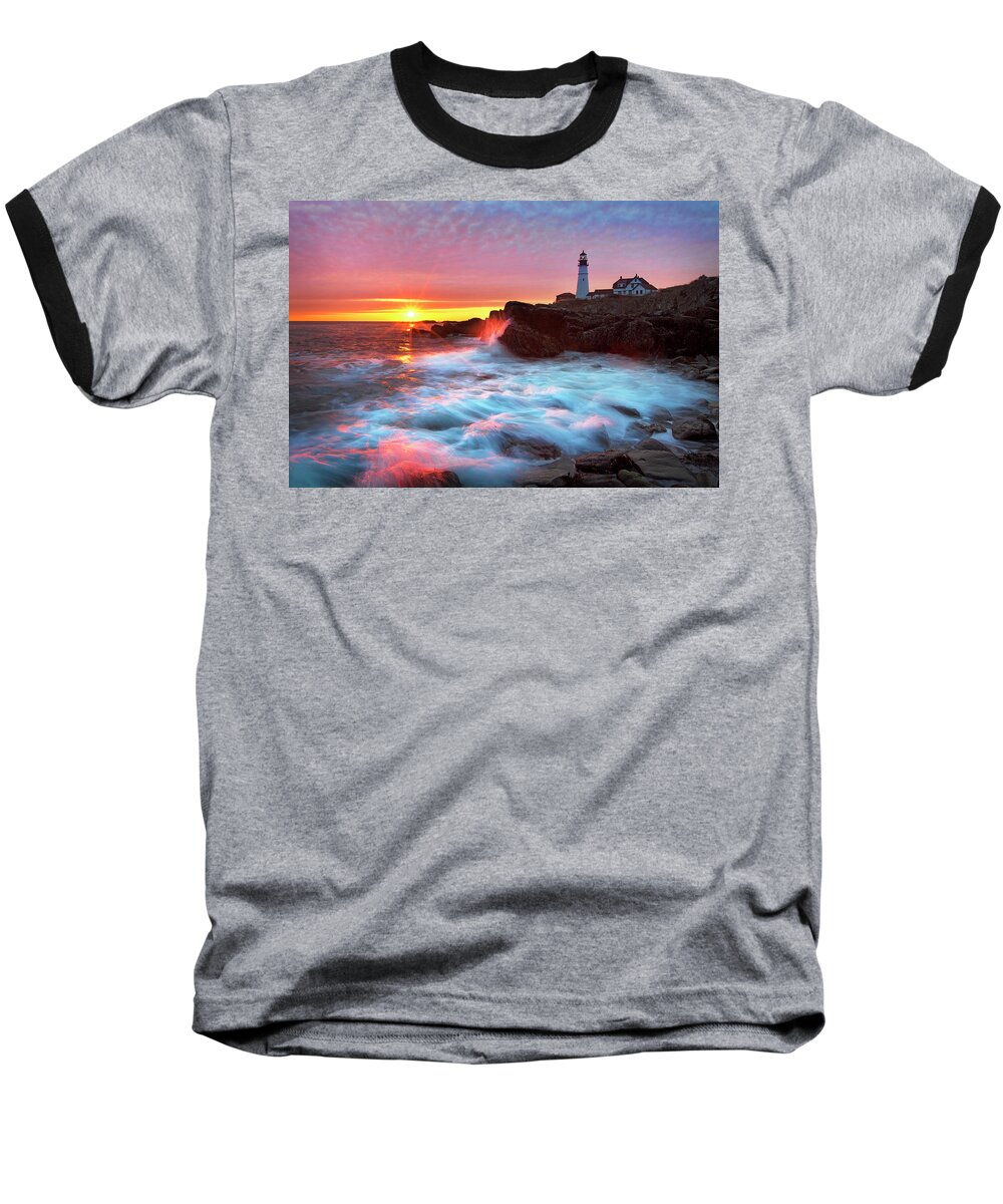 Portland Head Lighthouse Baseball T-Shirt featuring the photograph Portland Head Sunrise by Eric Gendron