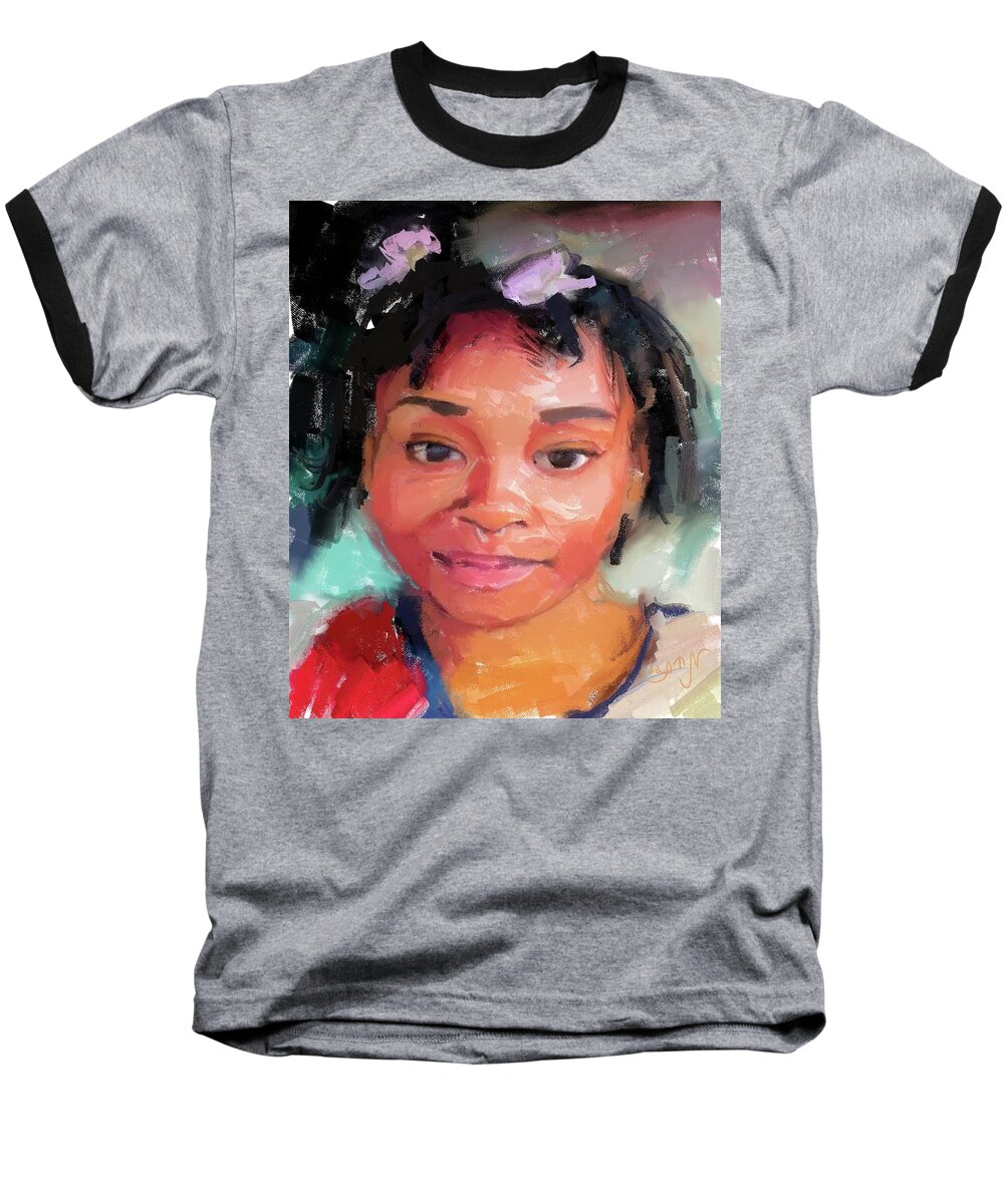 Portrait Baseball T-Shirt featuring the painting Portrait of a young girl with purple ribbons in hair smiling and nose ring in color vibrancy festiva by Mendyz