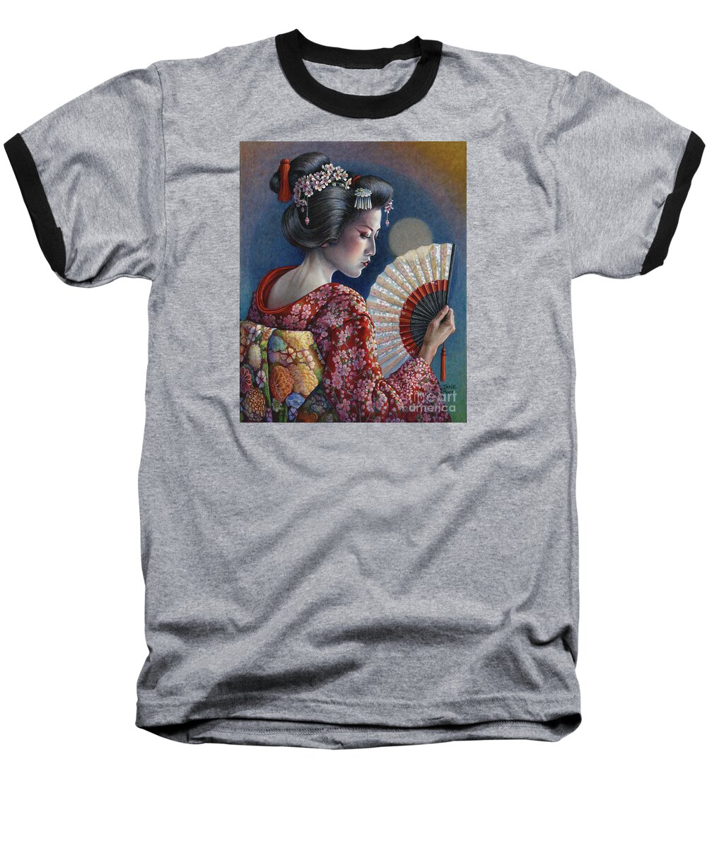 Woman Baseball T-Shirt featuring the painting Gossamer Moon Geisha by Jane Bucci