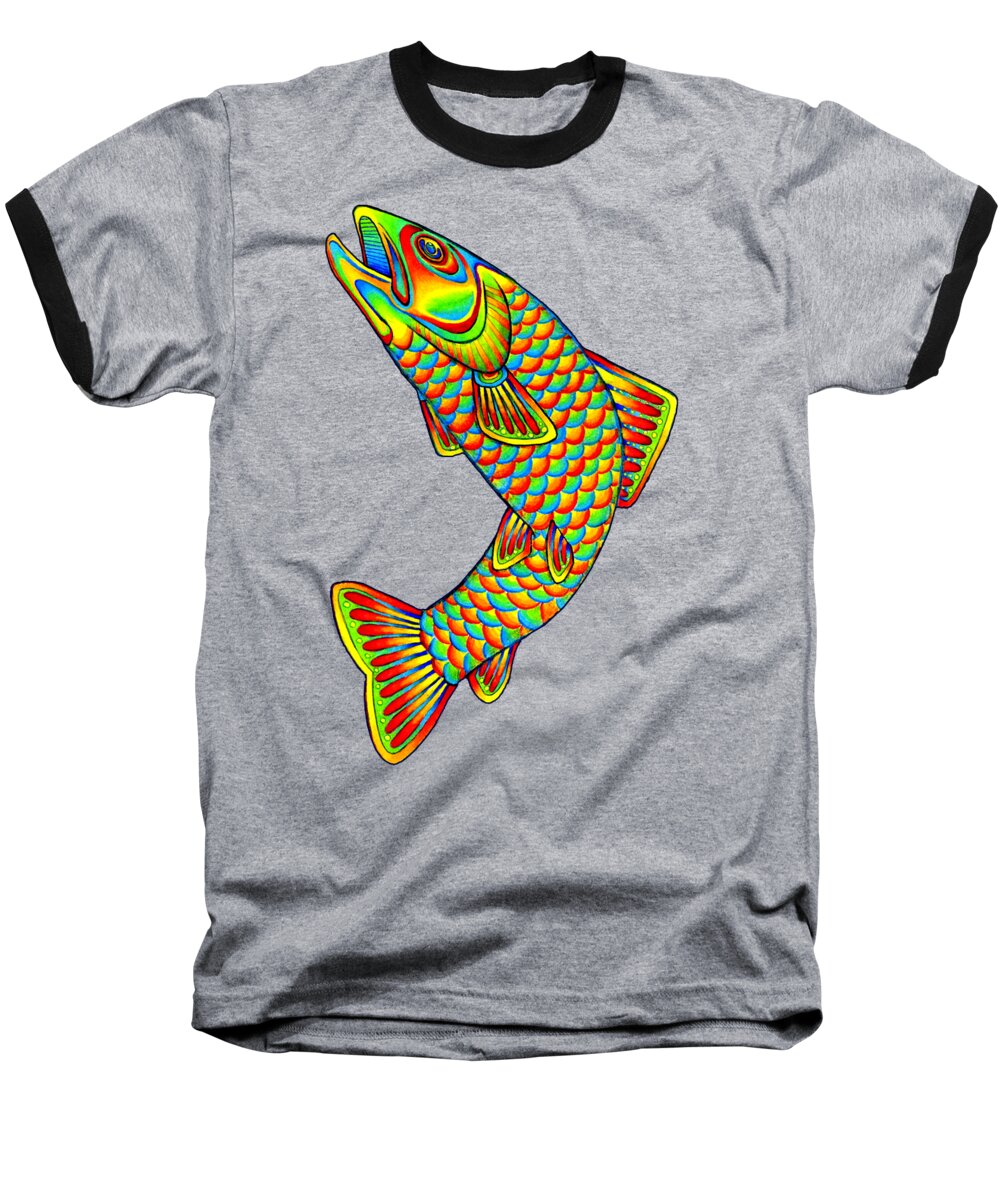 Psychedelic Baseball T-Shirt featuring the drawing Psychedelic Rainbow Trout Fish by Rebecca Wang