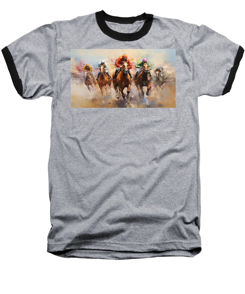Horse Racing Baseball T-Shirt featuring the painting Race for the Ages by Lourry Legarde