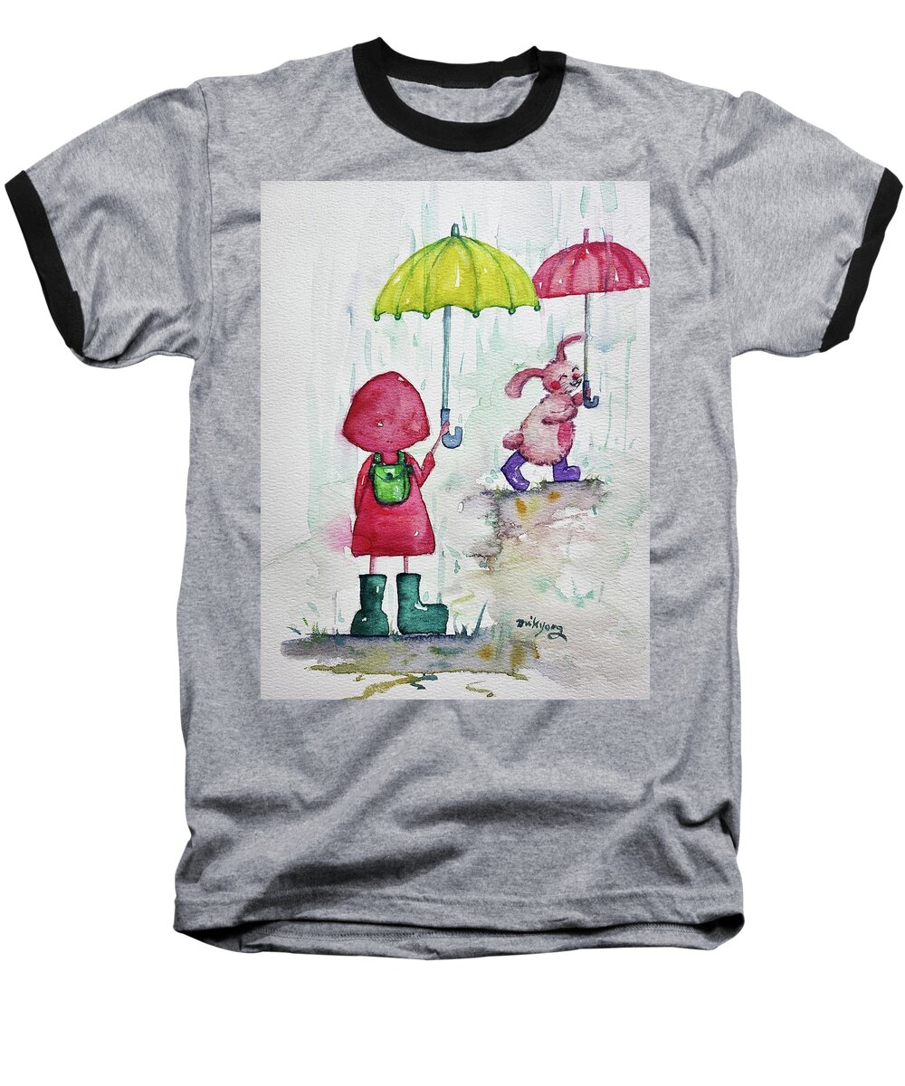  Baseball T-Shirt featuring the painting Rainy Day Fun by Mikyong Rodgers