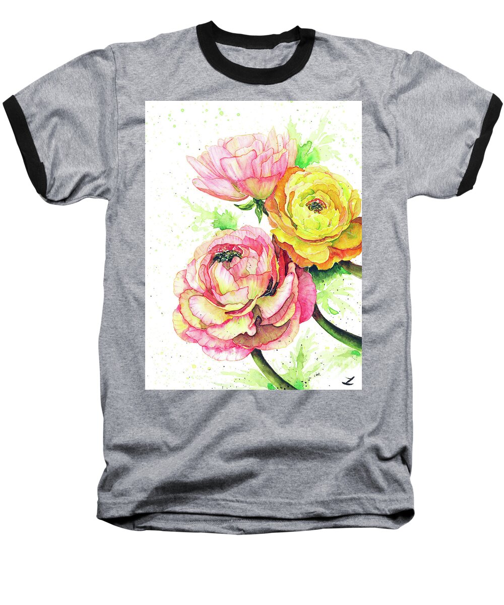 Ranunculus Baseball T-Shirt featuring the painting Ranunculus Flowers by Zaira Dzhaubaeva