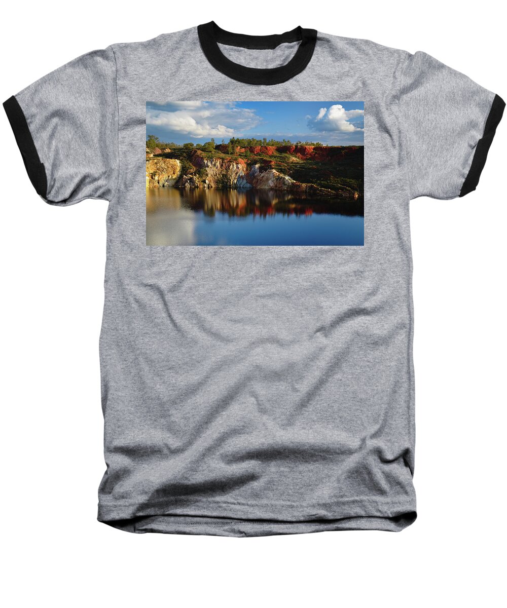 Alentejo Baseball T-Shirt featuring the photograph Reflections on the water pit in the abandoned mine of Sao Domingos. Portugal by Angelo DeVal