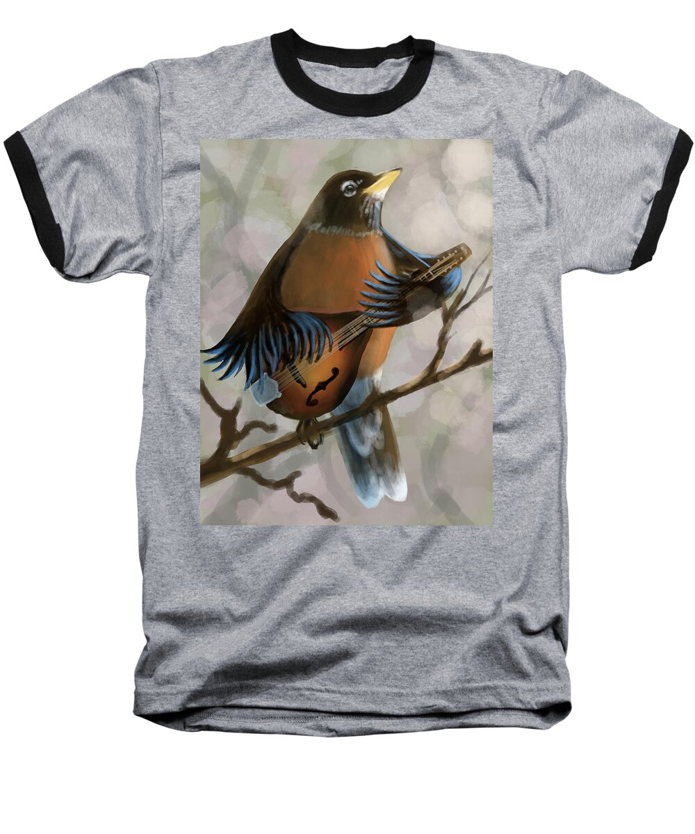 Robin Baseball T-Shirt featuring the digital art Robin On Mandolin by Larry Whitler
