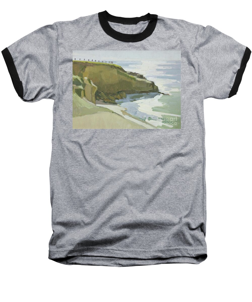 Rocky Point Baseball T-Shirt featuring the painting Rocky Point at Boomer Beach - La Jolla, San Diego, California by Paul Strahm