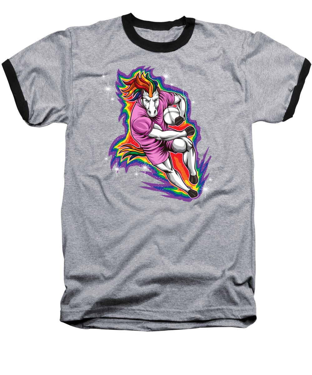 Rugby Baseball T-Shirt featuring the digital art Rugby Unicorn Pushing On The Rainbow by Mister Tee
