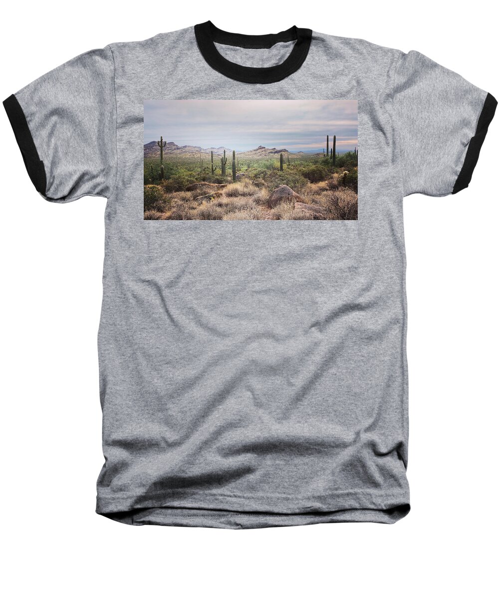 Saguaro Baseball T-Shirt featuring the photograph Saguaro and Mountains by Jill Laudenslager