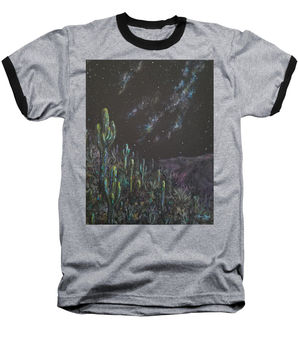 Saguaro Baseball T-Shirt featuring the painting Saguaro Hill at Night by Judith Rhue