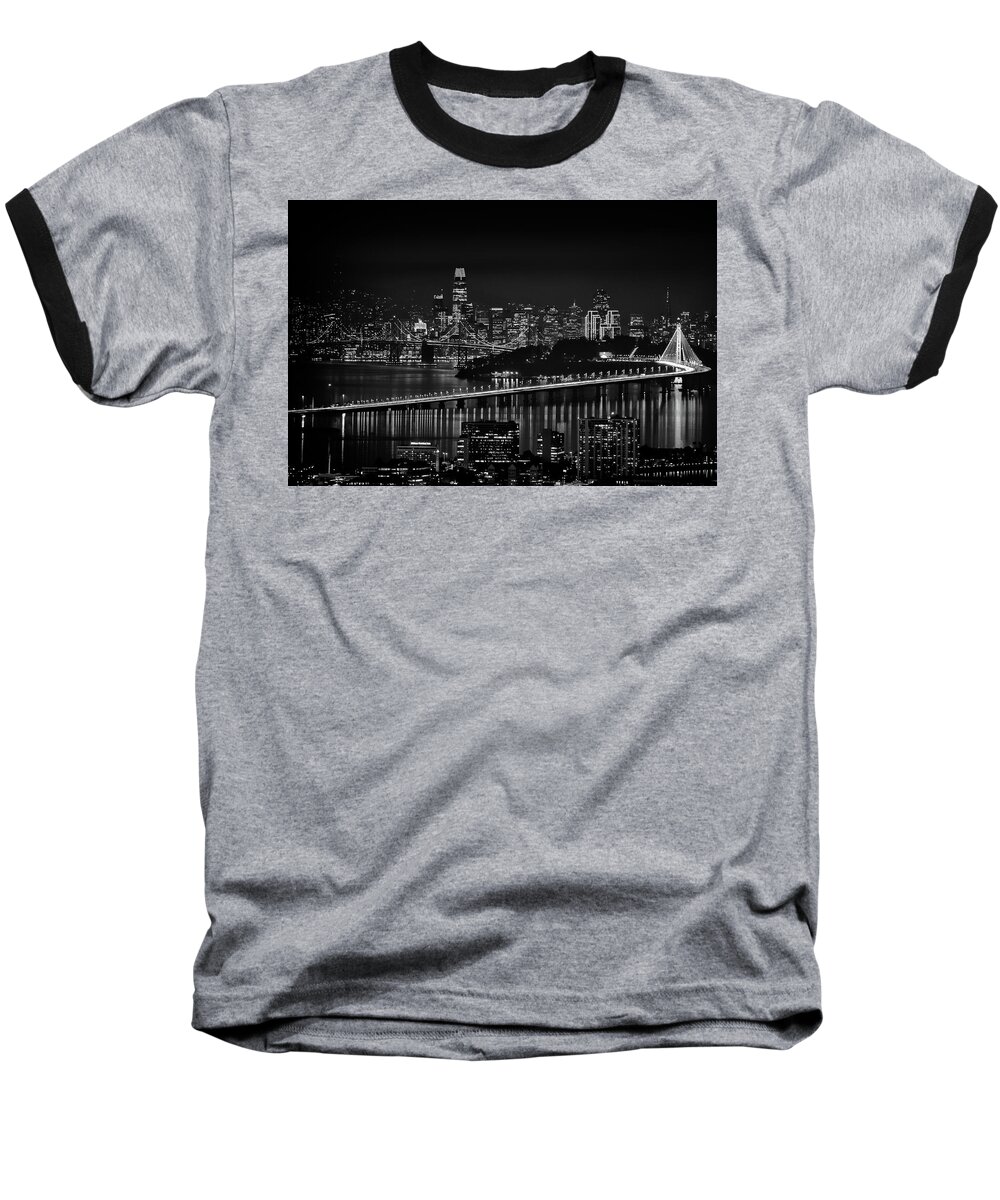 Architecture Baseball T-Shirt featuring the photograph San Francisco Oakland Bay Bridge at Night by Scott Wyatt