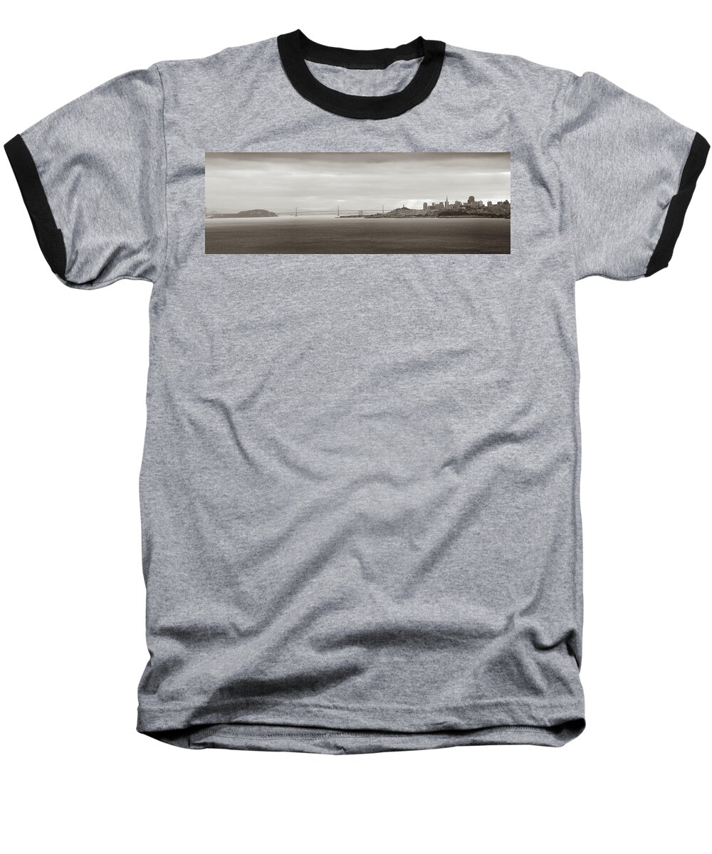 San Francisco Baseball T-Shirt featuring the photograph San Francisco - Oakland California Bay Bridge Panorama In Sepia by Gregory Ballos