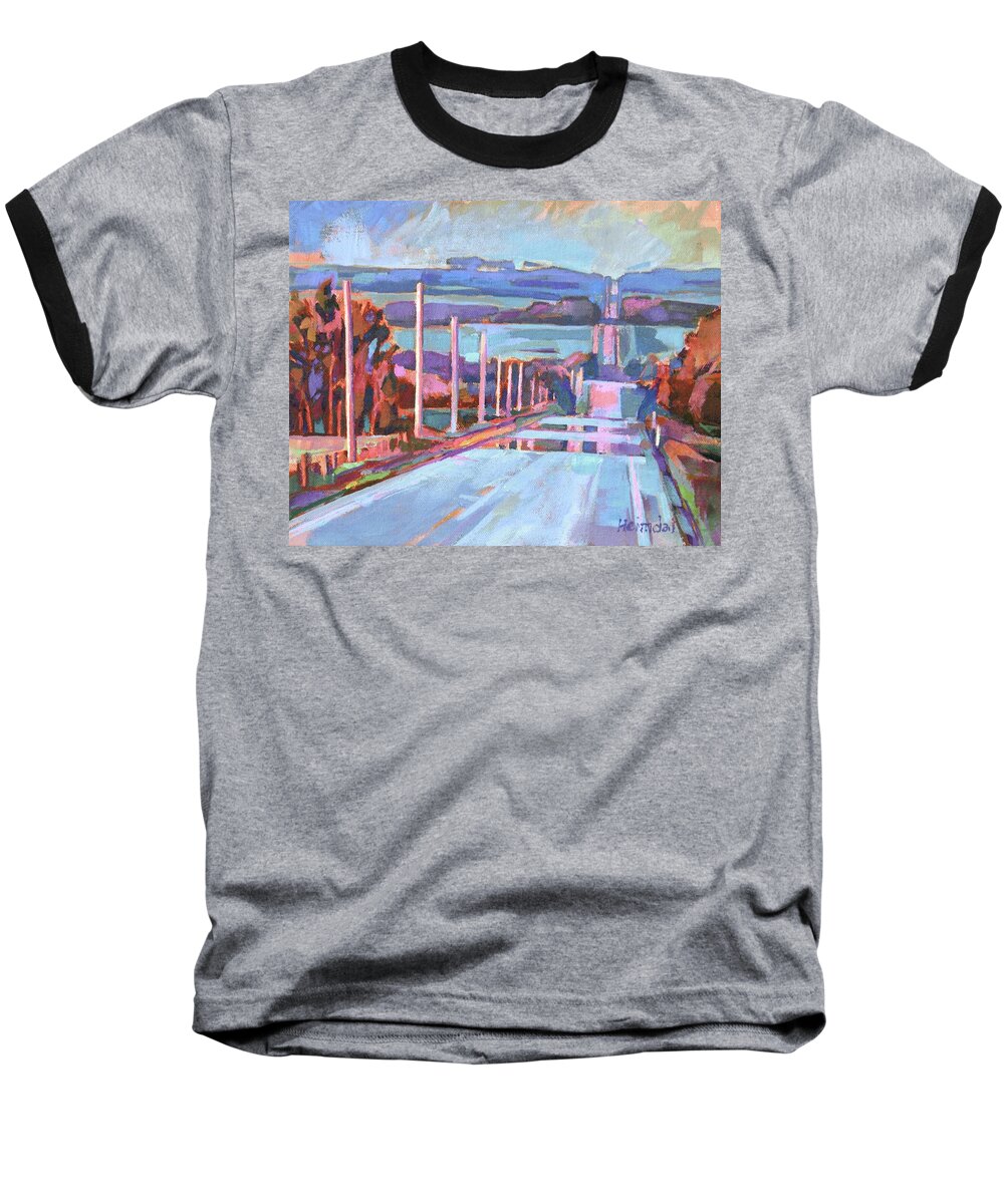 Road Baseball T-Shirt featuring the painting Saskatoon Mountain Road Mirage 1 by Tim Heimdal