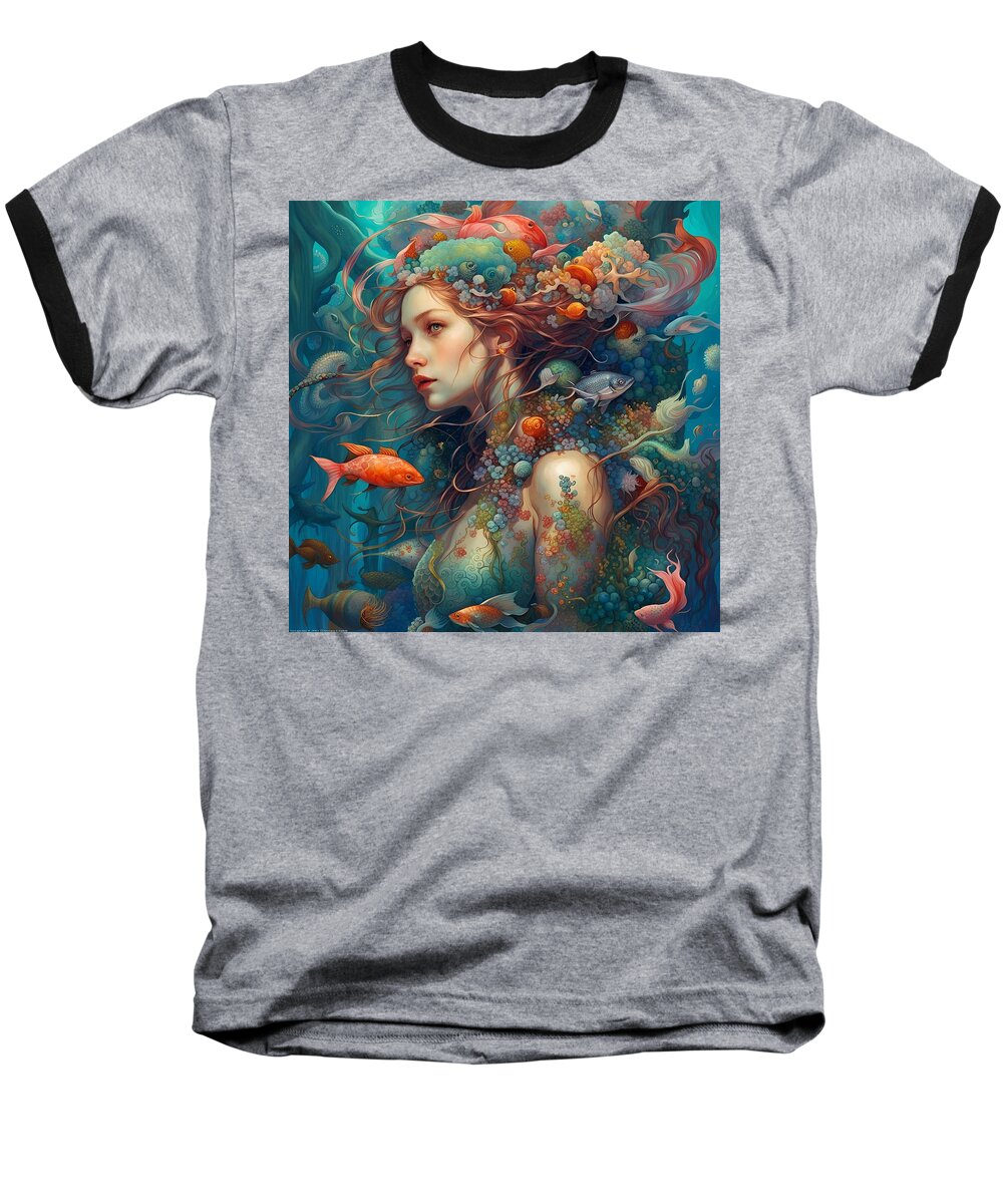 Mermaid Baseball T-Shirt featuring the mixed media Sea Life Fiona Fin by Lesa Fine