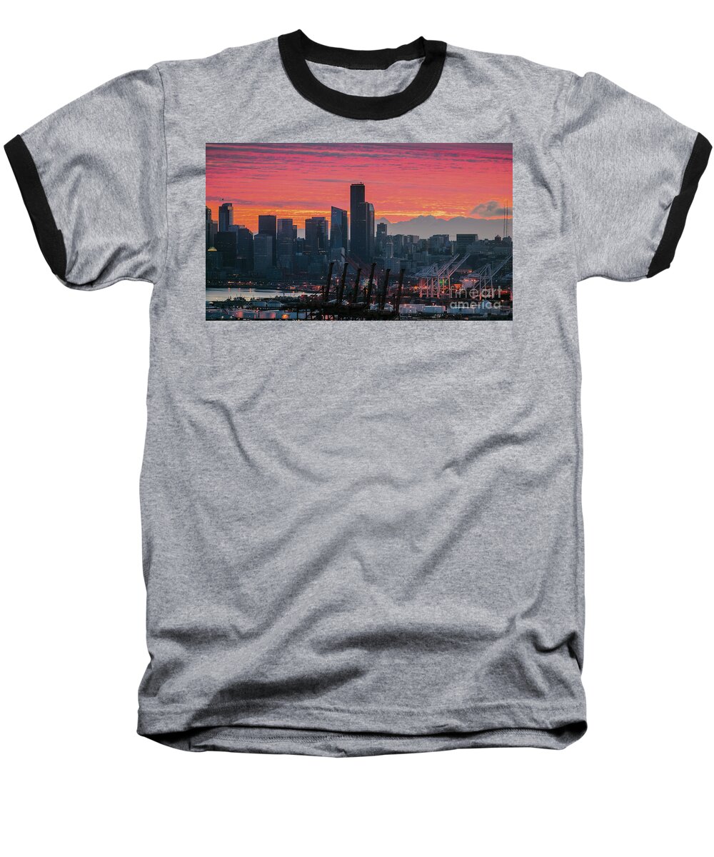 Seattle Baseball T-Shirt featuring the photograph Seattle Cityscape and Port Sunrise Fire by Mike Reid