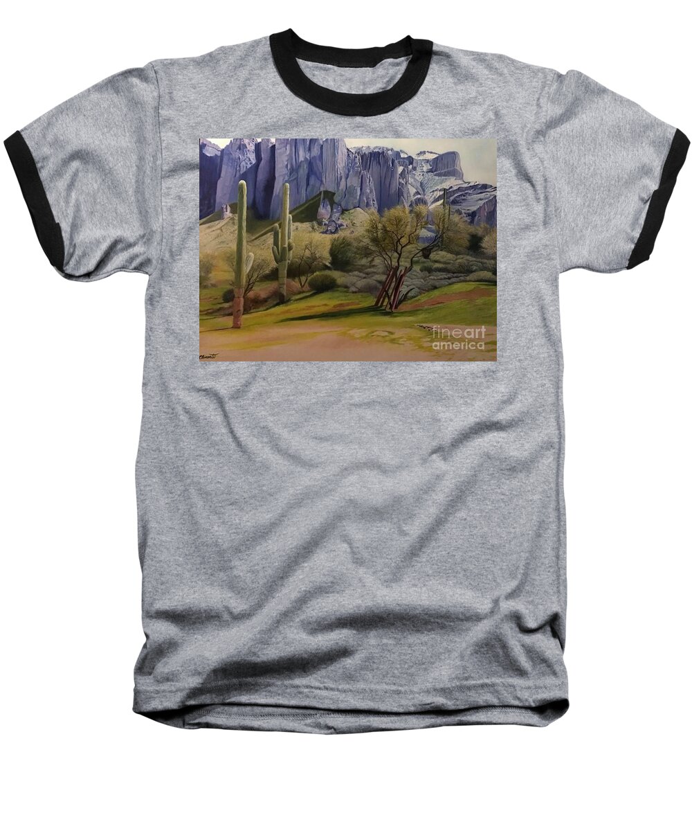 Superstitions Mountains Baseball T-Shirt featuring the painting Shadows and snow in the Superstitions by Barbara Clements